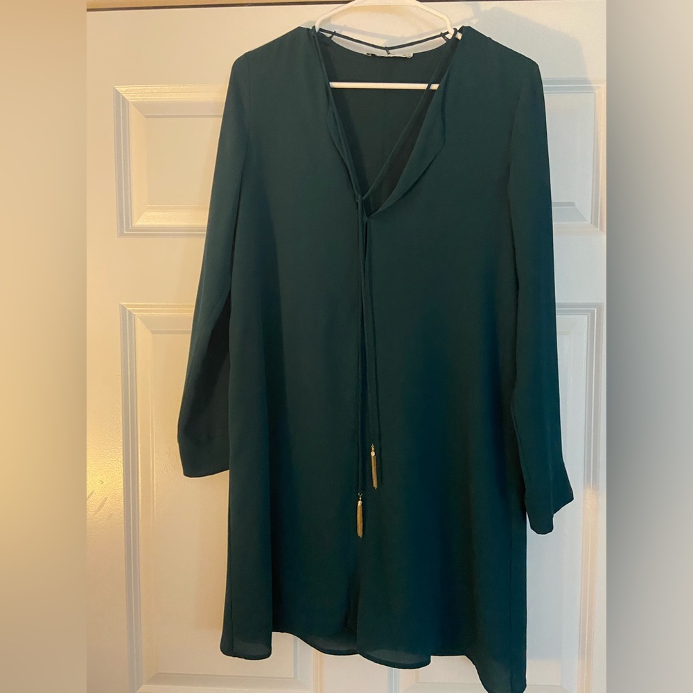 MANGO dark green long sleeve mini dress with gold tassel